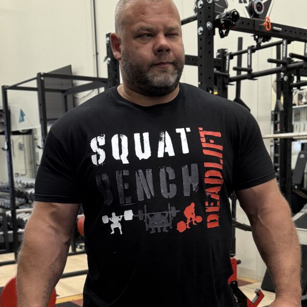 Squat, Bench, Deadlift T-Shirt with powerlifting icons – RHSUPERIOR by Rauno Heinla