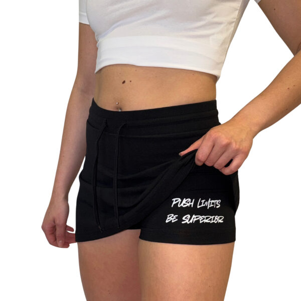 Two in One Women’s Sports Skirt PUSH LIMITS BE SUPERIOR – black skirt with built-in shorts and bold print