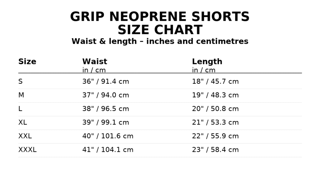 Grip neoprene shorts size chart