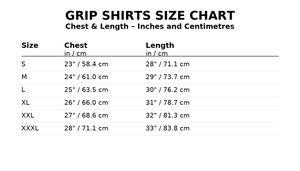 Grip shirt size chart