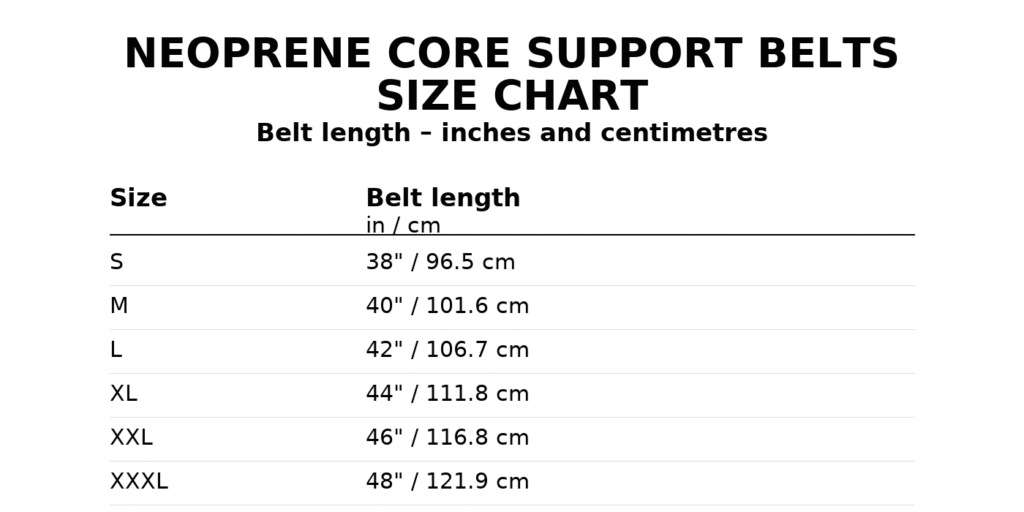 Neoprene core support belt size chart