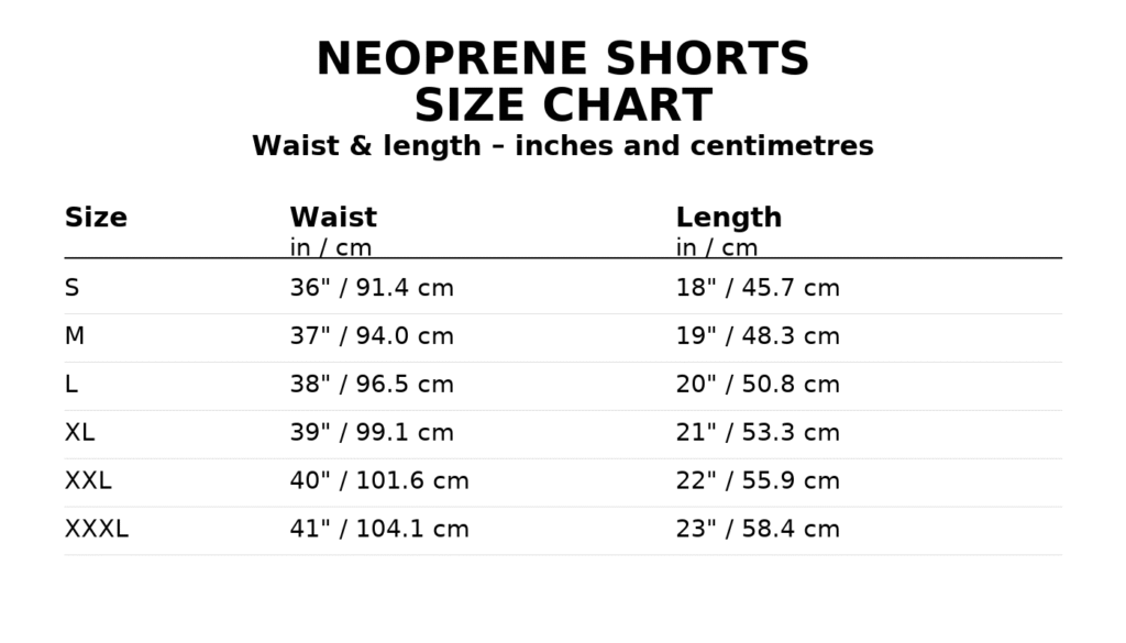 Neoprene shorts size chart