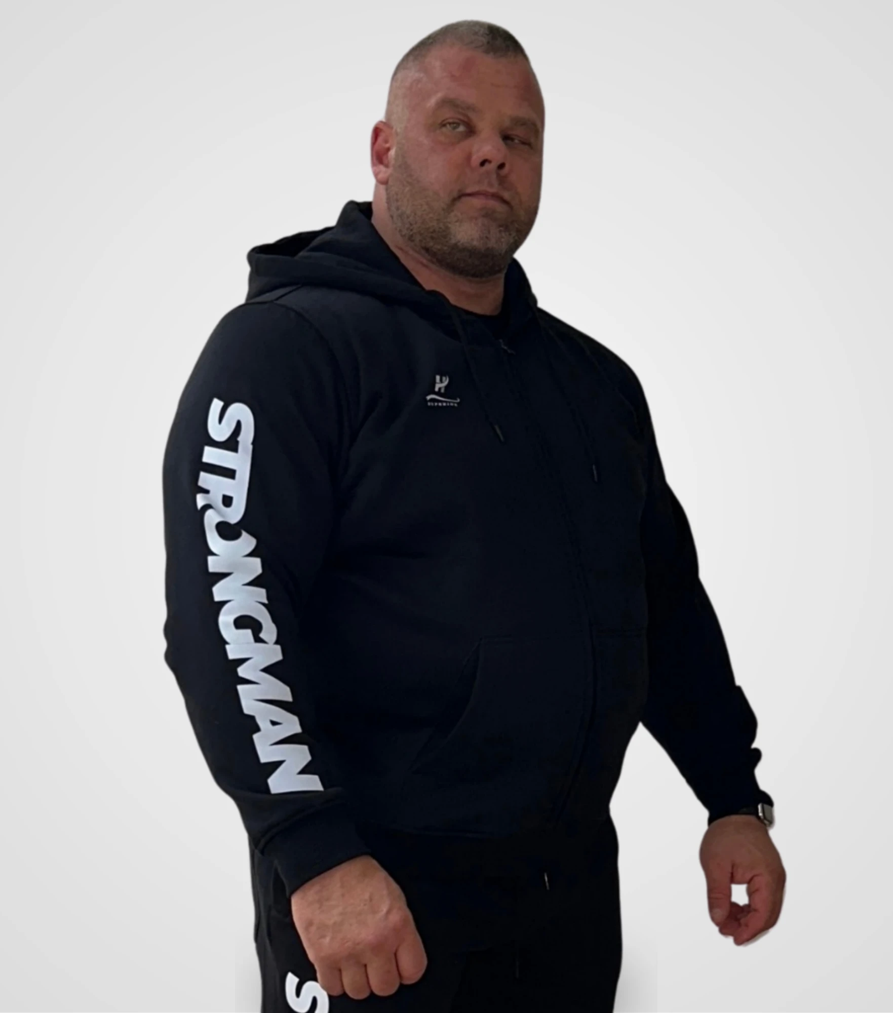 Strongman Zipper Hoodie, front view with STRONGMAN sleeve print